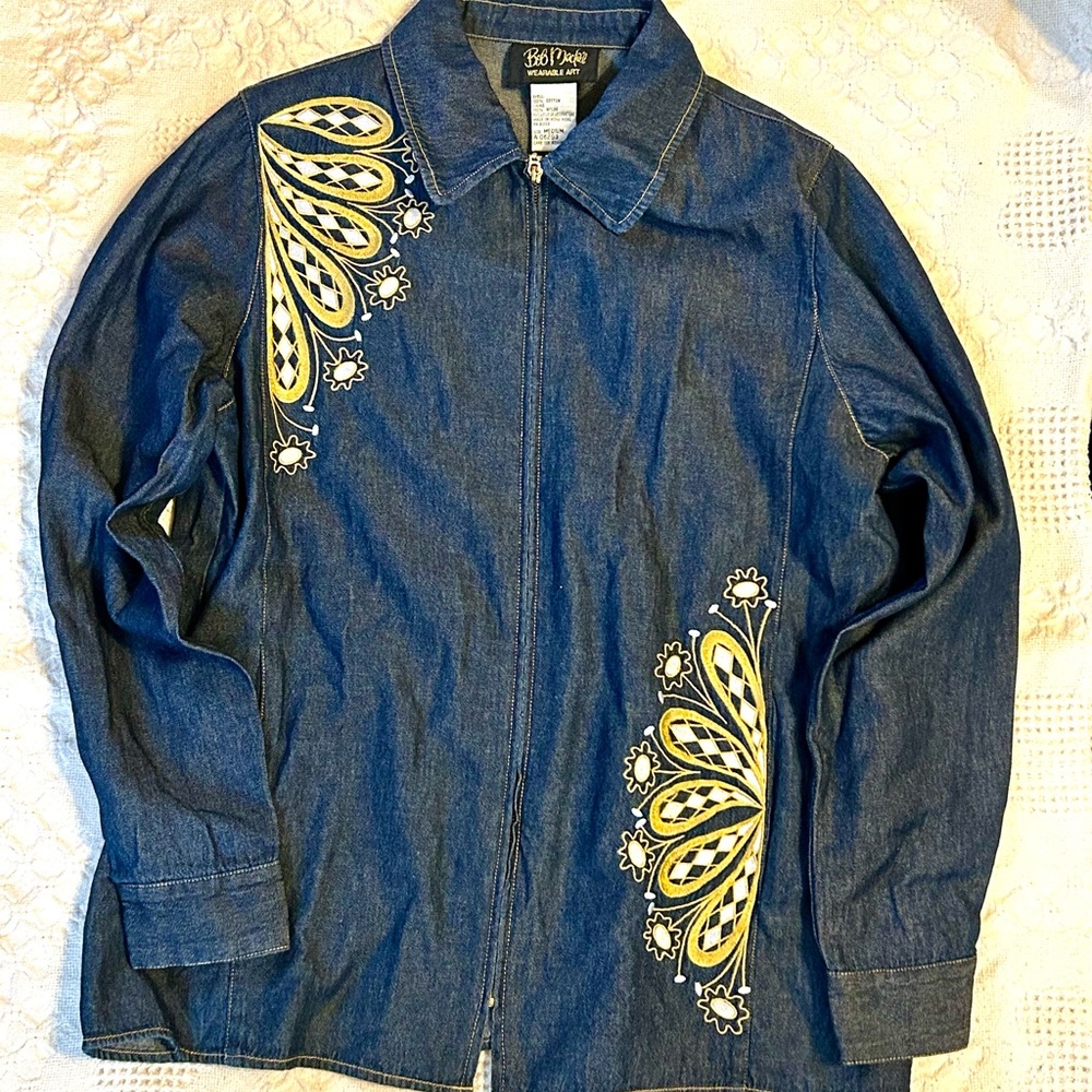 Bob Mackie Wearable Art Vintage Denim Jacket - Medium, White & Gold Embroidery